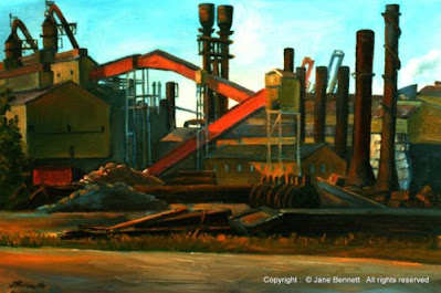 plein air oil painting of  the BHP Steelworks by industrial heritage artist Jane Bennett