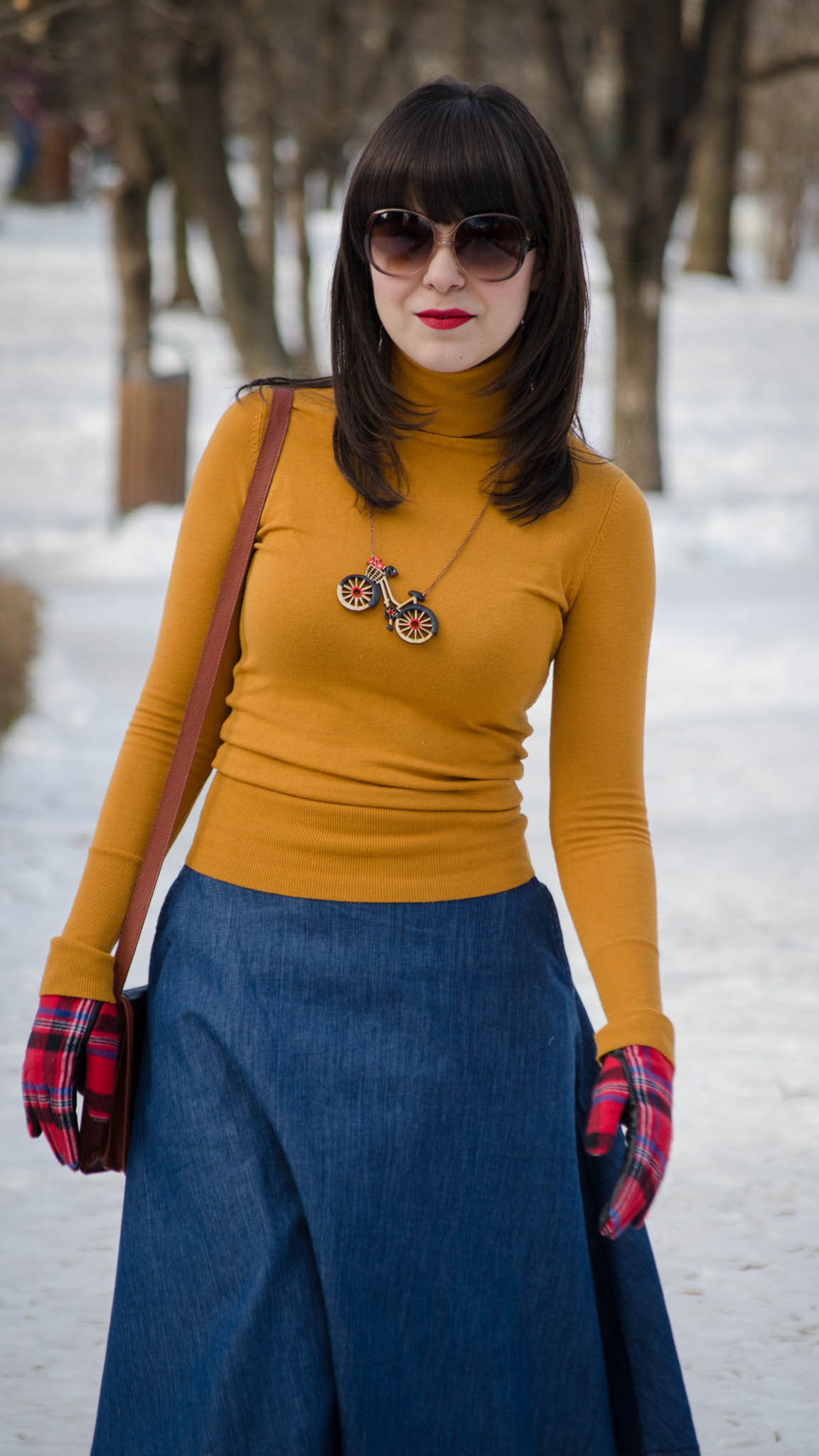 A line jeans skirt stradivarius marsala miniprix jacket tartan gloves mustard turtleneck bike wooden necklace  navy scarf burgundy shoes romanian producer trifted bag