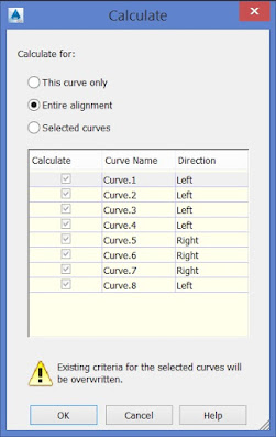 Janela de opções de cálculo da superelevação das curvas do alinhamento