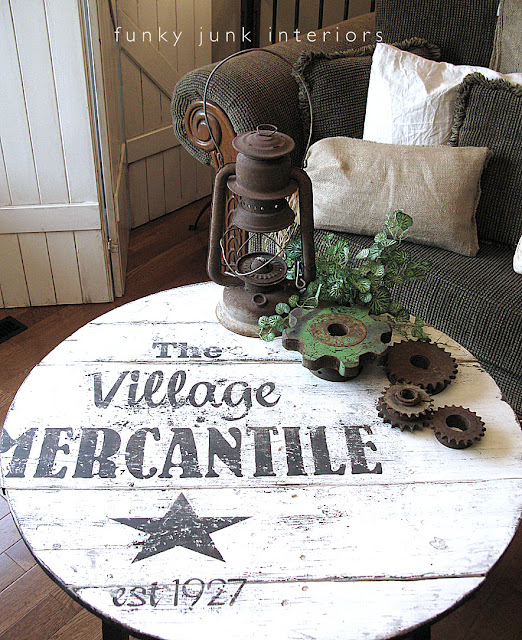The Village Mercantile old sign table, by funkyjunkinteriors.net