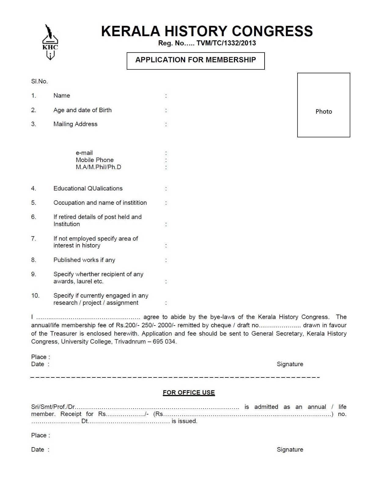 HISTOBLOG Application Form Kerala History Congress UC College Aluva