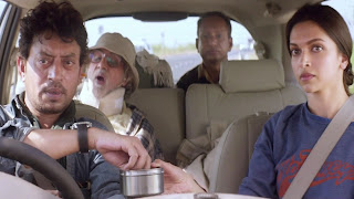 Irffan Khan as Rana, Amitabh Bachchan as Bhaskor, Deepika Padukone as Piku in Piku, going on a road trip from Delhi to Kolkata, in Piku, Shoojit Sircar