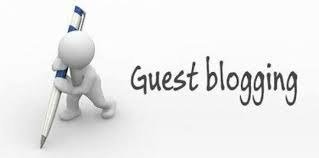 Guest blogging with picture of a white 3 dimensional stick figure holding writing with a giant pen