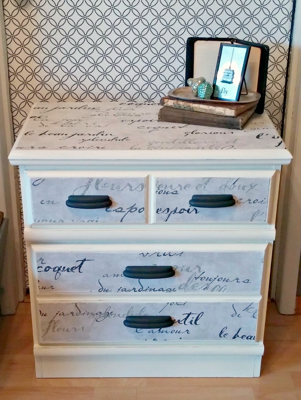 Nightstand Makeover with Fabric & Paint Little Vintage Cottage
