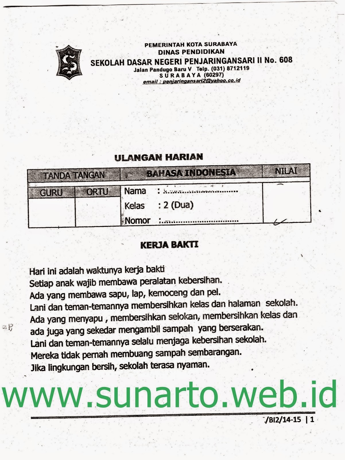 Ulangan Harian Semester Ganjil Bahasa Indonesia Kelas 2 SD TA 2014 2015 Kurikulum 2013