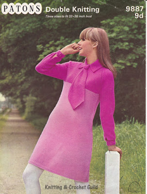 Patons 9887 knitting pattern 1960s vintage knitting pattern; pink mini dress with collar & tie.