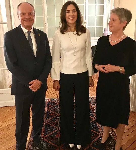 Crown Princess Mary wore Tibi Bell Sleeve Corset Stretch Crepe Top, Piaget Possession long necklace