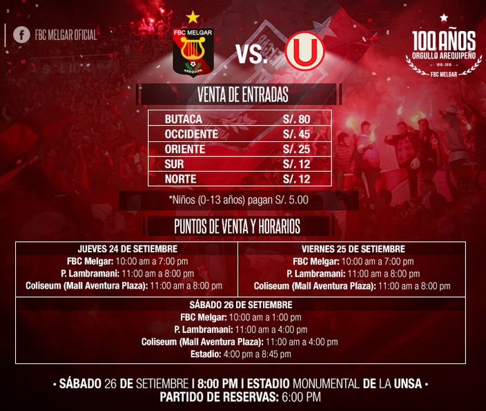 DEPORTES DE AREQUIPA ENTRADAS FBC MELGAR vs UNIVERSITARIO