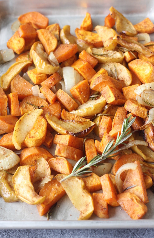 Roasted Five Spice Sweet Potatoes and Apples for holiday side dish recipe by SeasonWithSpice.com