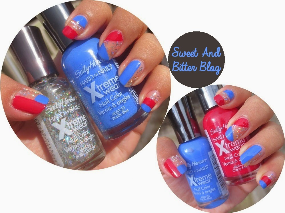 Red Blue Nail Art // Sally Hansen Pacific Blue, Cherry Red, In the Spotlight
