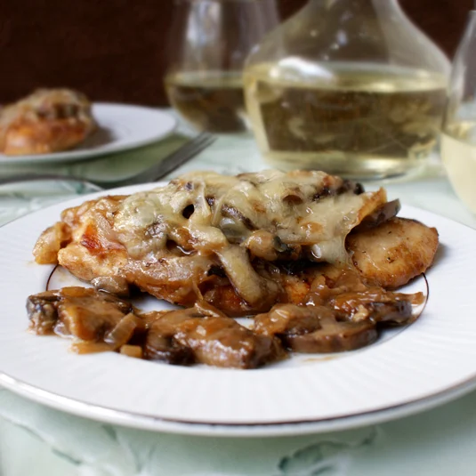 Gruyere Chicken with sauteed onions and mushrooms