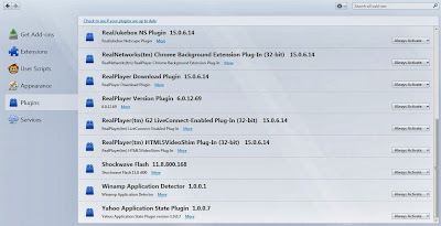 Screenshot of the Add-Ons window, Mozilla Firefox Plugin Check etc.