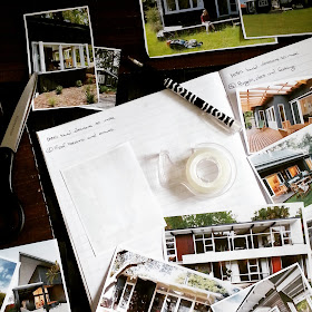 Notebook with scissors, pen and double sided tape next to a collection of cut-out pictures of holiday homes.