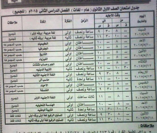 جدول امتحانات الشهادة الثانويه الترم الثانى 2015 أخر العام ، للصف الاول والثانى الثانوى - اسوان جدول امتحانات الشهادة الثانويه الترم الثانى 2015 أخر العام ، للصف الاول والثانى الثانوى - اسوان