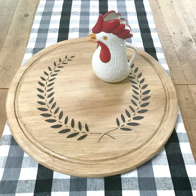 Large farmhouse table with lazy susan and rooster