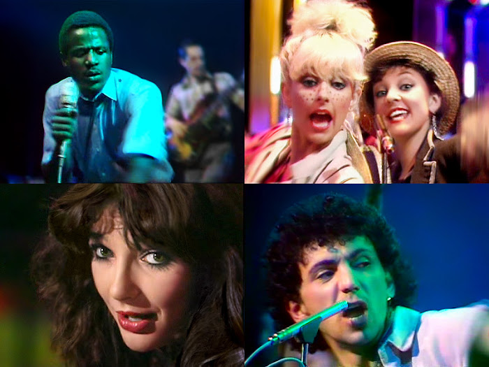 Compilation of screen captures showing Neville Staple with The Specials, the Fabulous Wealthy Tarts, Kate Bush, and Kevin Rowland with Dexys Midnight Runners