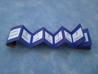 Livrinho em dobradura sanfonada da cor azul com numerais de 0 até 19. 