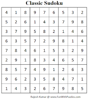 Classic Sudoku (Fun With Sudoku #63) Solution