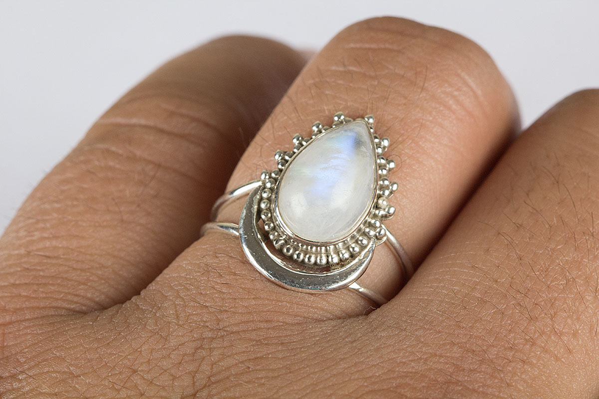 Sterling Silver Gemstone Jewelry Blue Fire Moonstone Gemstone 925 Sterling Silver Moon Ring