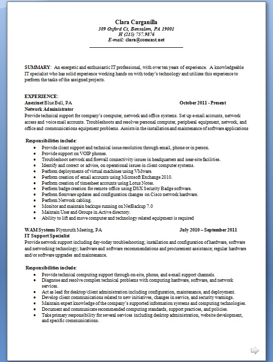 network administrator resume