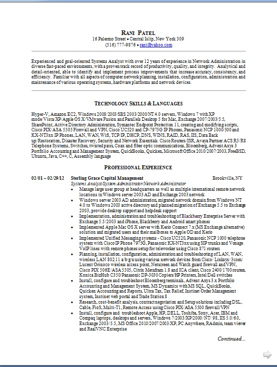 resume for network administrator