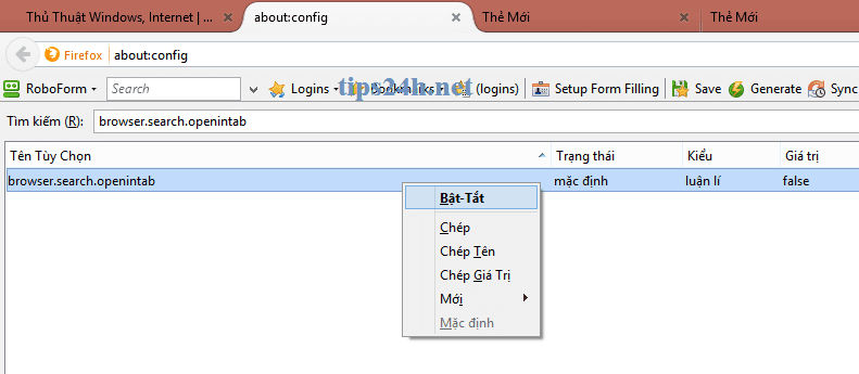 Mở new tab cho kết quả tìm kiếm trên trình duyệt Firefox