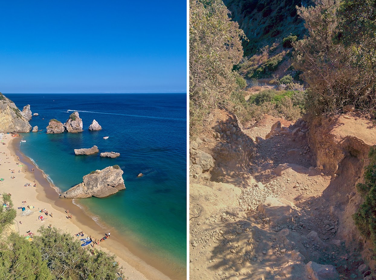 Vista sobre a praia do Ribeiro do Cavalo e pormenor do caminho de acesso