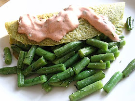 Savory Rice and Split Pea Pancakes with Buttery Green Beans and Tomato-Cilantro Sauce