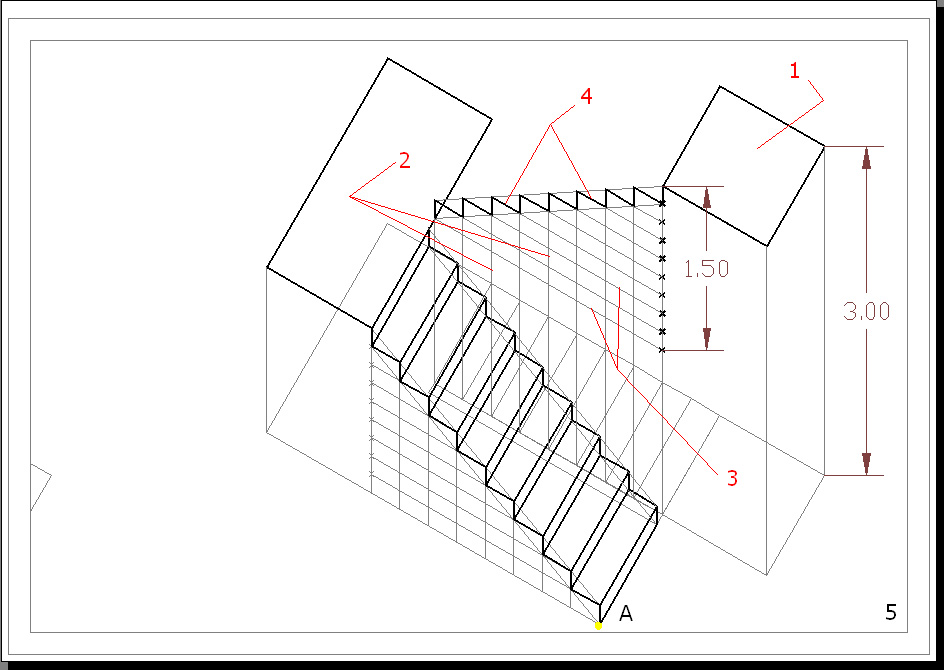 الرسم والاظهار المعماري Arch Drawing Representation لوحة9 اظهار درج بشاحطين U Stairs في الاسقاطات العمودية والاكسنومتري