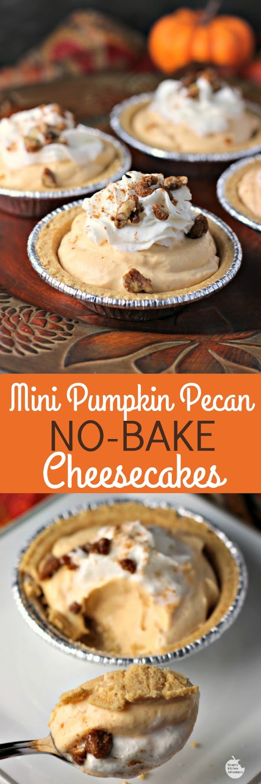 Mini Pumpkin Pecan No-Bake Cheesecakes | by Renee's Kitchen Adventures - easy dessert recipe for little pumpkin cheesecakes perfect for Thanksgiving or Christmas holidays #EffortlessPies ad 
