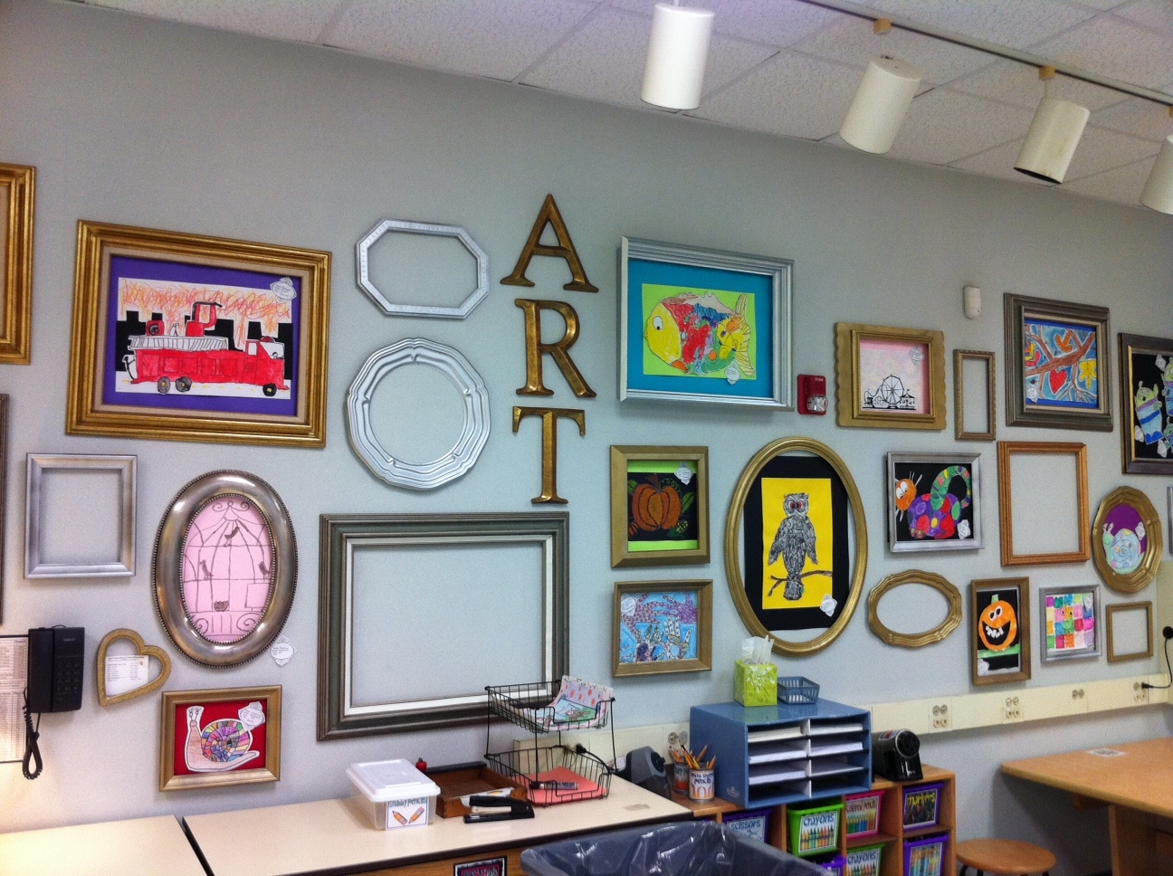 Apex Elementary Art: Wall of Frames for student artwork