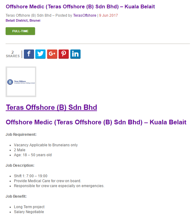 Oil Gas Vacancies Offshore Medic Teras Offshore B Sdn Bhd Kuala Belait