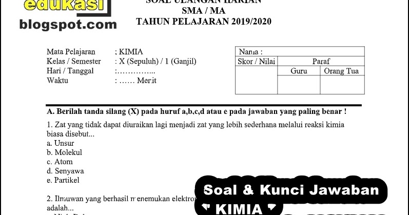 Soal Kimia Kelas 10 Semester 1 2019 2020