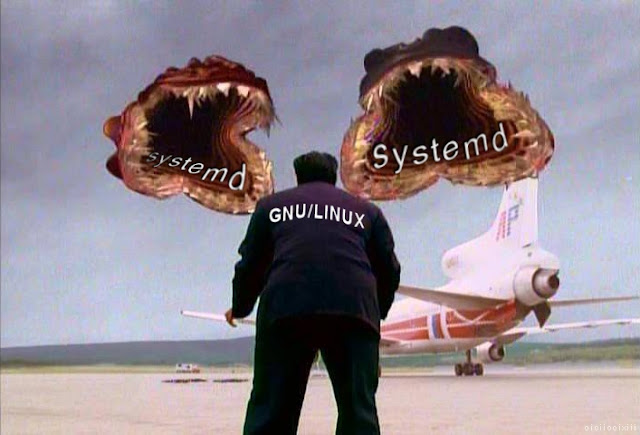 a still from Stephen King's Langoliers miniseries, showing a character facing two of the creatures, symbolising GNU/Linux against systemd