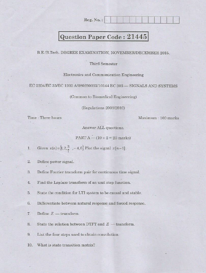 EC2204 Signals and Systems Nov Dec 2015 Question Paper University