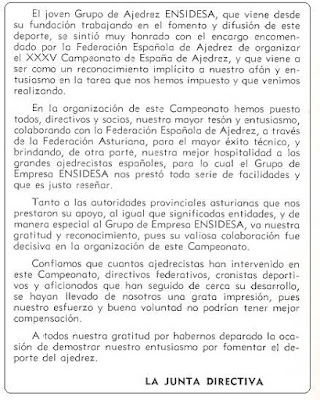 Agradecimiento de ENSIDESA a todos los participantes en el XXXV Campeonato Individual de España de Ajedrez, Llaranes-Avilés 1970