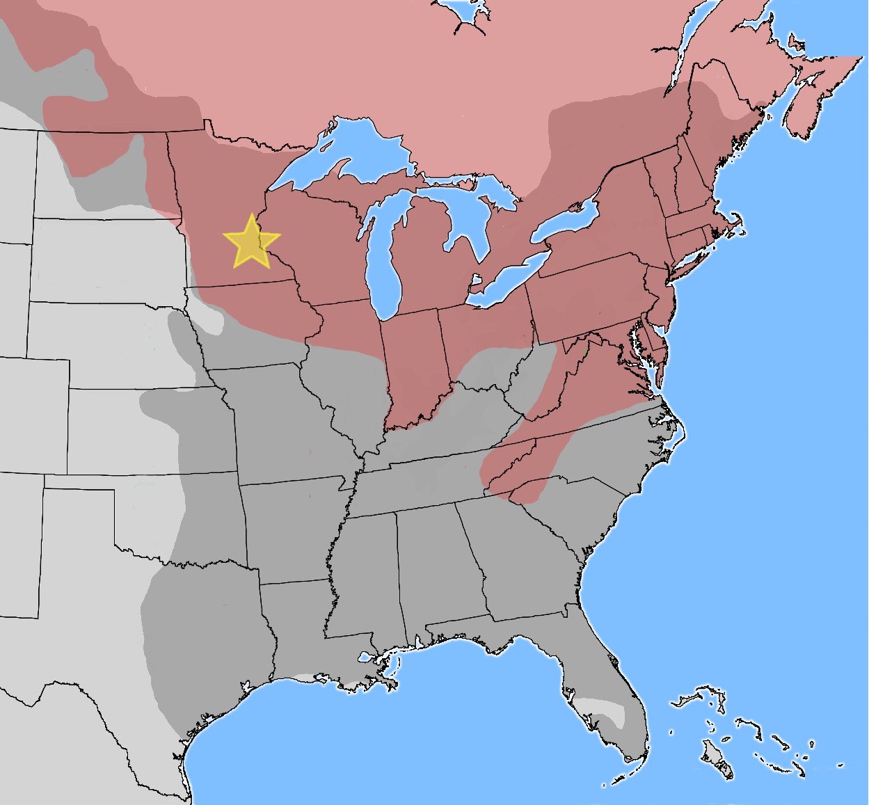 Map of the eastern US, with ranges of grey and red squirrels overlaid