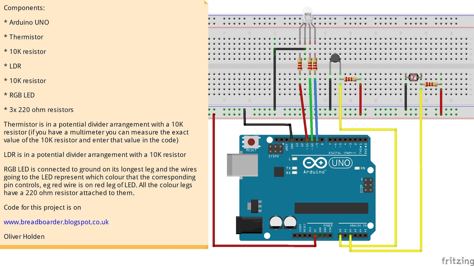 Breadboarders: Arduino with a thermistor, LDR and RGB LED that changes ...