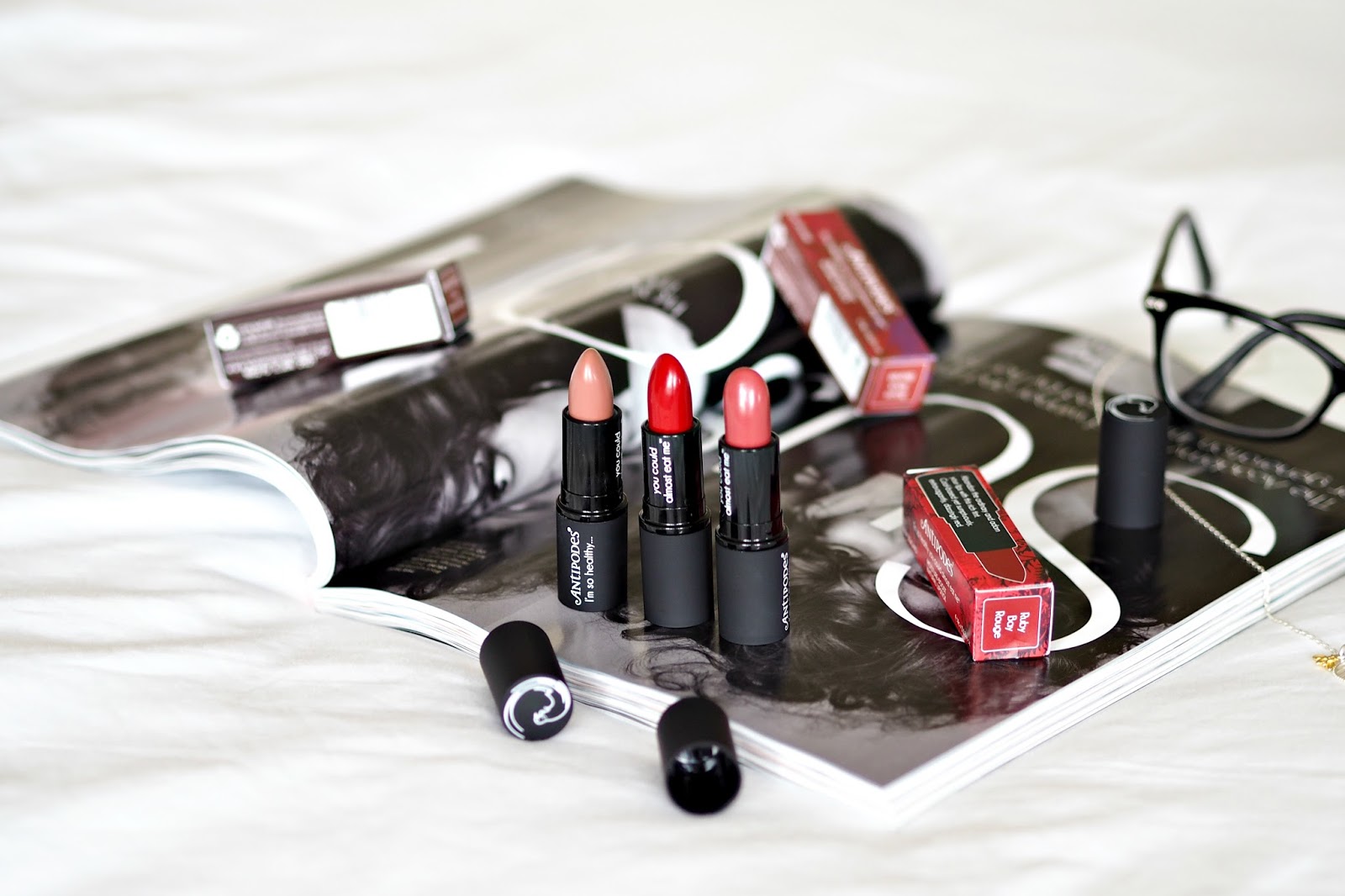 Antipodes lipsticks review in shades Queentown Hot Chocolate, Boom Rock Bronze and Ruby Bay Rouge.