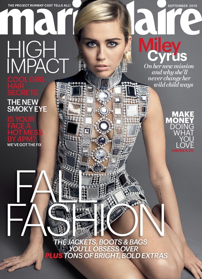 Marie Claire US September 2015, Miley Cyrus Marc Jacobs 2016 Resort Silver Short Dress Editorials
