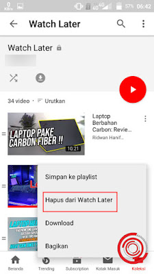 4. Nah untuk menghapus koleksi video di Watch Later kalian cukup klik tombol titik tiga pada bagian kanan video, lalu pilih Hapus dari Watch Later