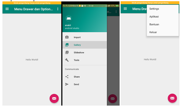 hasil dari program android studio membuat navigatio drawer dan option menu