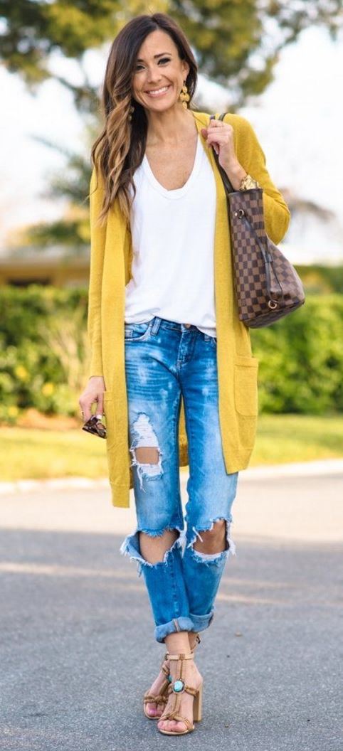 casual style addiction / cardigan + bag + ripped jeans + top + sandals