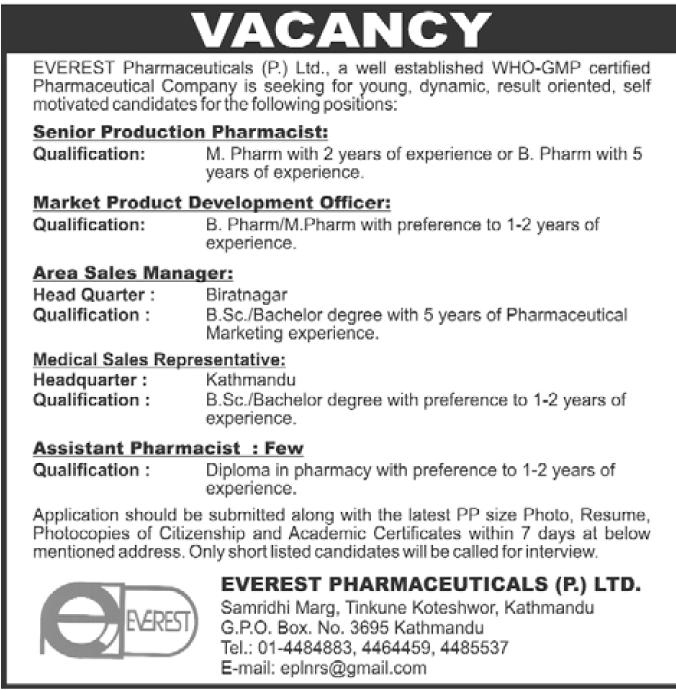 Job Vacancy in Everest Pharmaceuticals (P.) Ltd. Jobs in Nepal