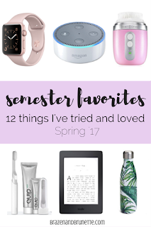 the 12 finds that I'm loving for spring are the amazon echo dot, apple watch series 2, clarisonic mia fit, iStudiez app, starbucks mocha frappuccinos, peaceful piano playlist on spotify, quit toothbrush, kindle paperwhite, grocery list pad, spin class, swell water bottles, and daily planning pads | brazenandbrunette.com