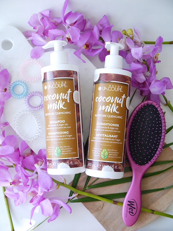 Summer hair favourites featuring La Coupe Coconut Milk Moisture Quenching Shampoo and Conditioner, Wet Brush and KB Collection small traceless hair ties in cotton candy colours
