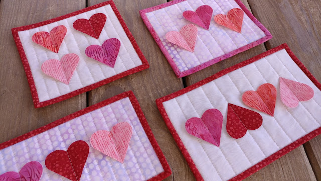 3-D quilted heart mug rugs for Galentine's or Valentine's Day