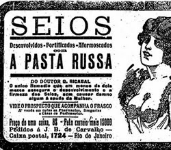Propaganda do Remédio Pasta Russa com promessa de aumento dos seios em 1918.