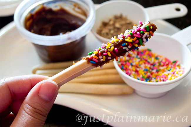 Dip your breadsticks in sprinkles. Dip your breadsticks in sprinkles.