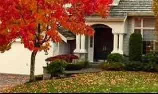 House with leafs on ground in fall.